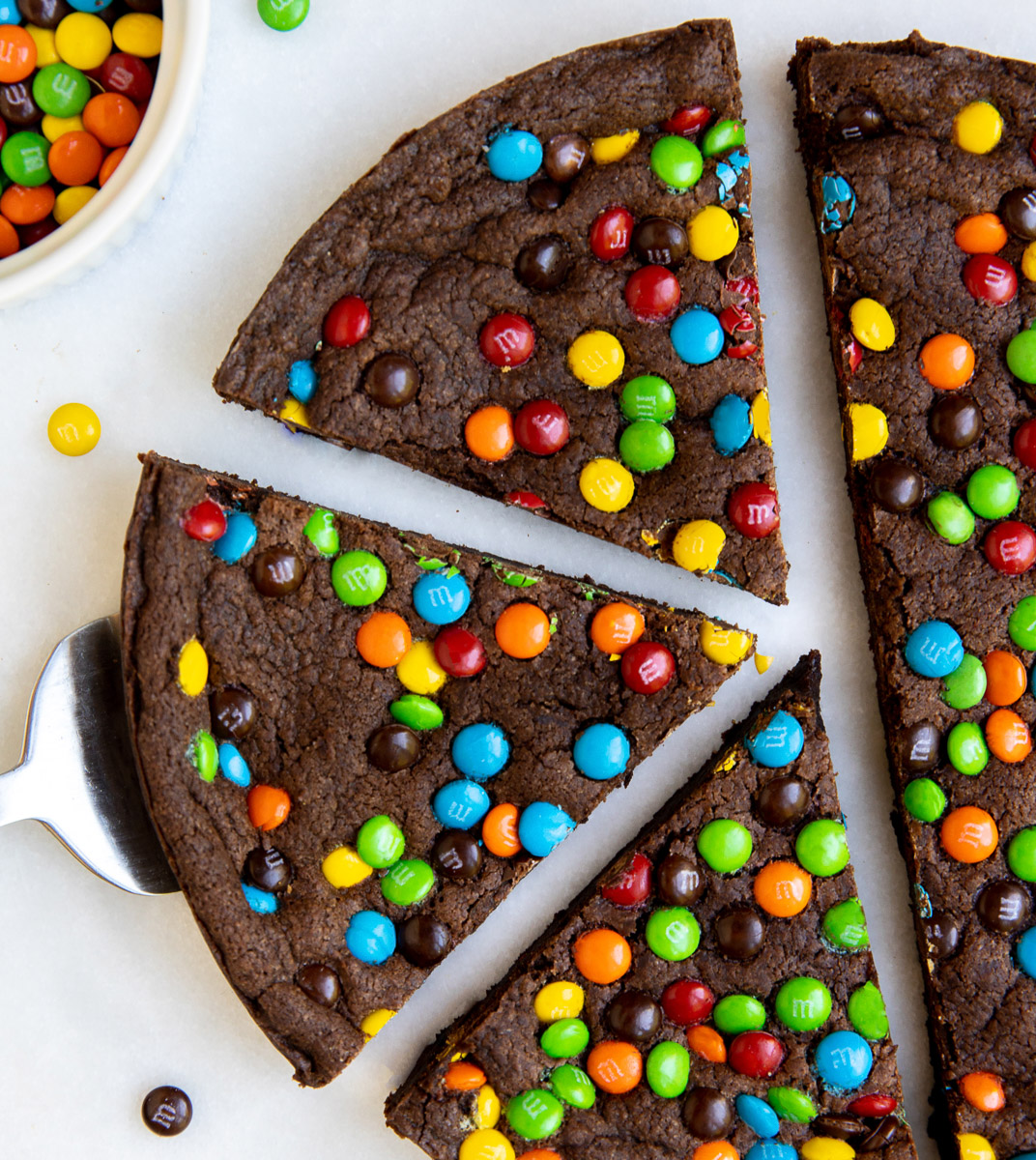 Picture of slices of Deep Dish Brownie with M&Ms