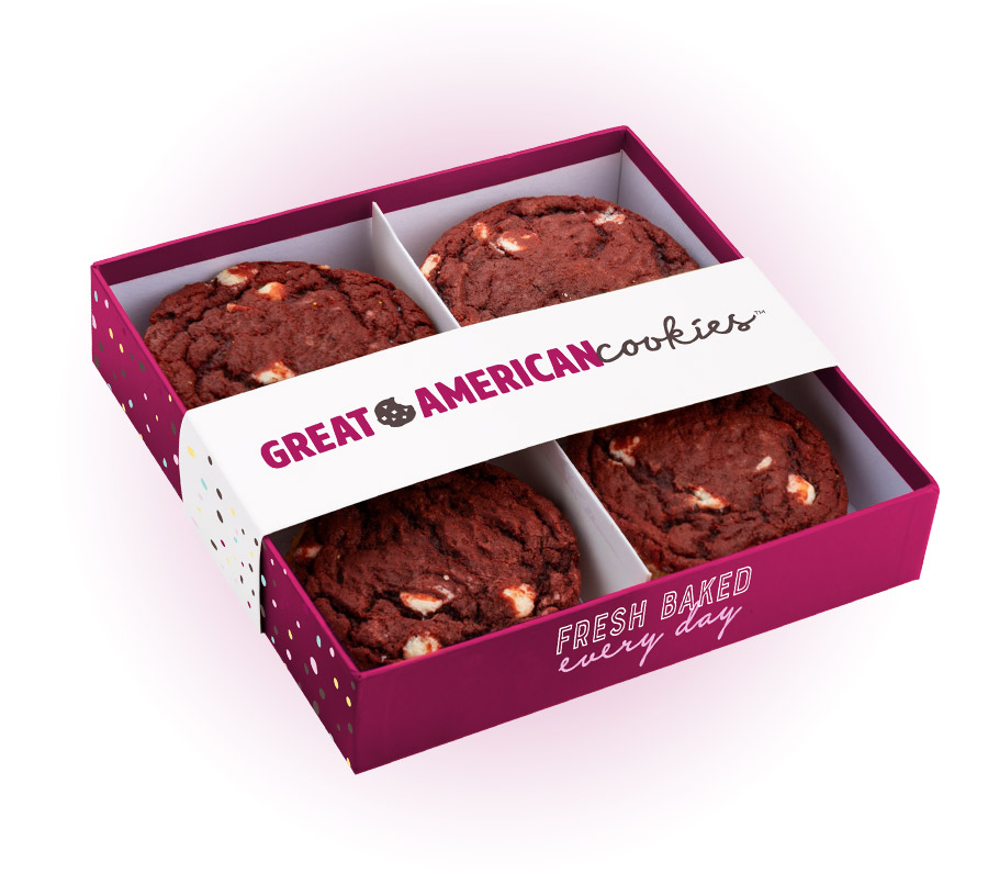 Picture of a box of a dozen red velvet cookies